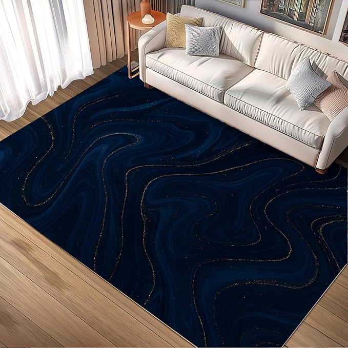 Luxury Marble Rug - 2x4 Rug, Navy Blue Marble Hallway Rugs, Modern Abstract Runner Rugs, Washable & Non Slip Small Carpet Home Decor