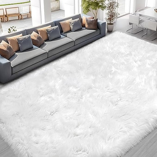 Ciicool Faux Fur Rug 6 x 9 Feet, Fluffy Shaggy Carpet, White Faux Fur Sheepskin Rugs for Living Room, Fuzzy Washable Rugs for Bedroom, Playroom, Decor, Luxury Room Decor, Rectangle