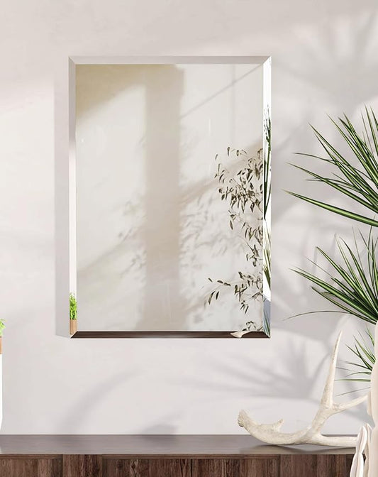 Frameless Rectangular Wall Mirror: Decorative Rectangle Mirrored Glass Vanity with Beveled Silver Edge for Bathroom Bedroom Livingroom Dining Room Entryway Hallway, 20 x 16 inch