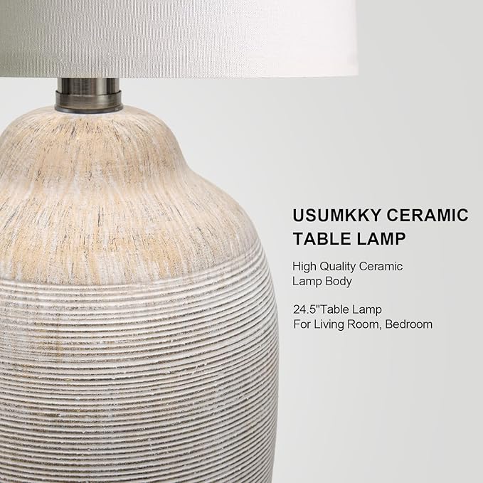 24 inch Vintage Ceramic Table Lamp - Single Farmhouse Rustic Bedside Lamp with Natural Textured Finish, Nightstand Lamps for Living Room, Bedroom, End Table Beige