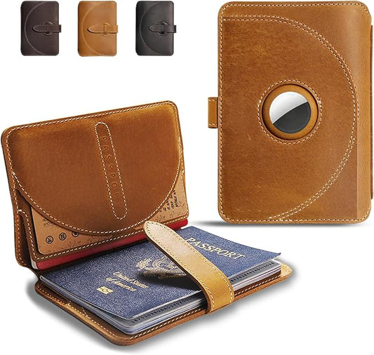Leather Passport Holder for Travel with Airtag Slot, Passport Wallet for Men & Women,1-3 Passport Books,Passport Sleeves Travel Essential & Gift (Glod Brown, With AirTag Slot)