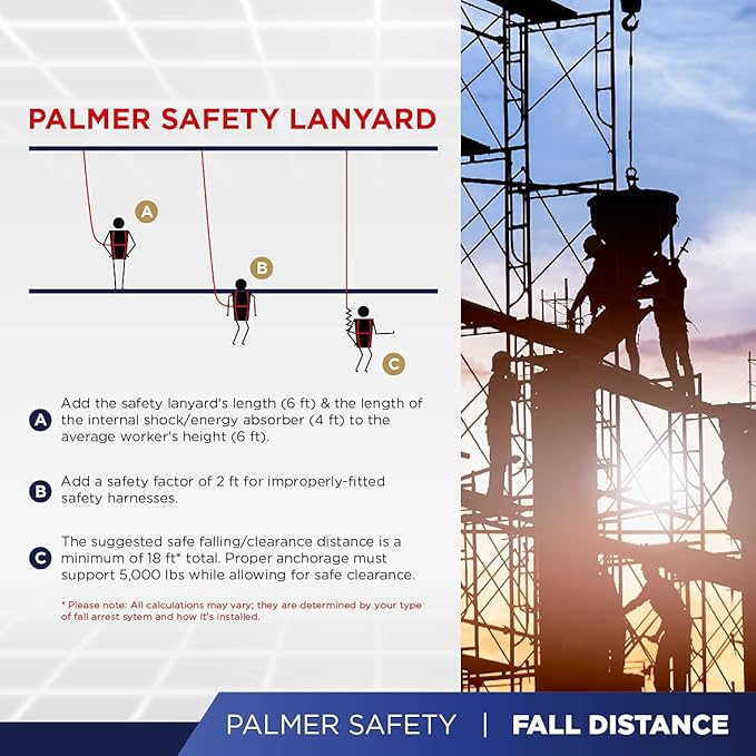 Palmer Safety ATERET L121133 2 Pack 6' Internal Shock Absorber Lanyard Single Leg w/ Snap Hook I OSHA/ANSI Compliant Restraint Lanyards I Ideal Use for Arborist, Roofer & Construction Workers