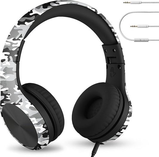 LilGadgets Connect+ Pro Wired Kids Headphones for School with Microphone, Volume Limiting Over-Ear Headset with Cord, SharePort Technology & SoftTouch Padding, Snow Camo