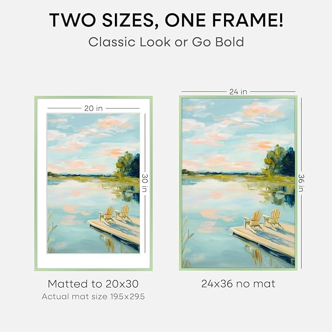 Homeforia 24x36 Sage Green Picture Frame, High End Metal 24x36 Large Poster Frames with Mat 20x30 inch Photo, 24 x 36 Thin Frame Matted to 20 x 30 Art, 36x24 Frames, Tempered Glass, Wall Kit, Set of 1