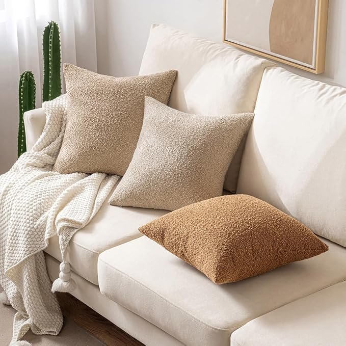 MIULEE 16x16 Inch Decorative Pillow Covers for Couch Bed Set of 2 Textured Boucle Neutral Winter Throw Pillows Khaki Accent Solid Cushion Pillowcases Sofa Livingroom Home Decor