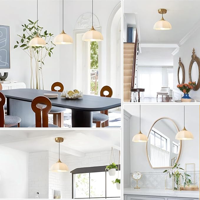 Mid Century Modern Pendant Light Kitchen Island Minimalist Gold Adjustable Ceiling Hanging Light Fixtures White Single Opal Glass Nordic Retro Dome Pendant Light for Dining Room MPL17-1 GD