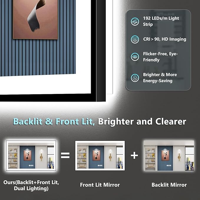 60x40 Black Framed LED Bathroom Mirror with Lights, Backlit and Front Lit, Anti-Fog Lighted Vanity Mirrors for Bathroom Wall, Dimmable, 3-Color Light, Memory, Shatter-Proof, HD Tempered Glass