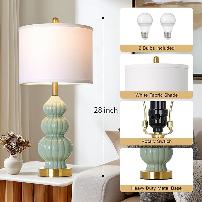 Green Ceramic Lamps Set of 2, 26.5" Modern Table Lamps for Living Room, Classic Bedside Lamp with Triple Gourd, Elegant Bedroom Lamp for Night Stand Desk Side End Table Home Decor