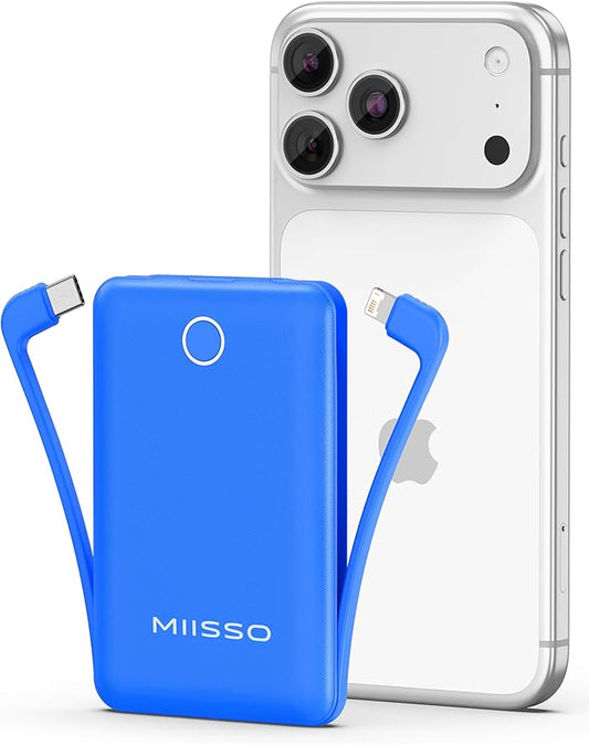 miisso 10000mAh Mini Portable Charger with Built in Cable, Pocket Size Power Bank Travel External Battery Pack for Phone, 3 Output USB Type C Cord Clutch Compatible with iPhone, Samsung, Deepblue