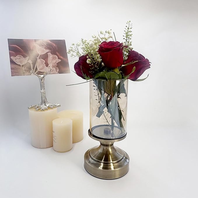 Brass Hurricane Candle Holder with Glass Lid, Anti-Tip Pillar Candle Holder for Wedding Dining Party Table Centerpiece, Elegant Home Decor