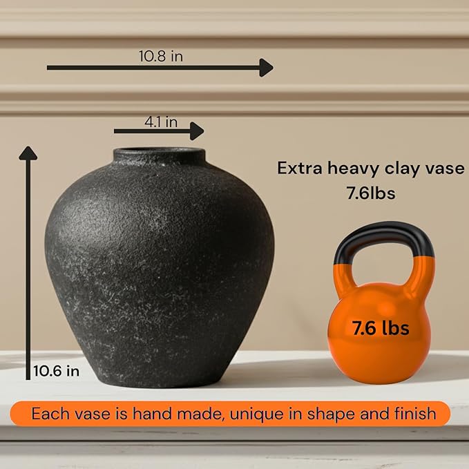 Handmade Large Rustic Ceramic Vase 10.6 inches Tall, Farmhouse Stone Decor, Big Black Round Vase Living Room Home Decor, Earthy Textured Large Vases for Centerpieces Console Table