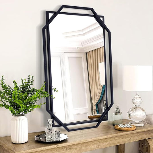 Black Bathroom Mirror, 36" x 24" Mirror Wall Decor with Modern Art Octagonal Metal Frame, for Living Room, Bedroom, Dining Room, Entryway