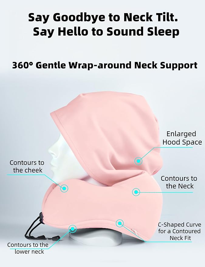 Travel Pillow with Extra Large Hood Rollable Airplant Hooded Neck Pillow with Memory Foam Filling and Removable, Skin-Friendly Cover with a Carrying Pouch
