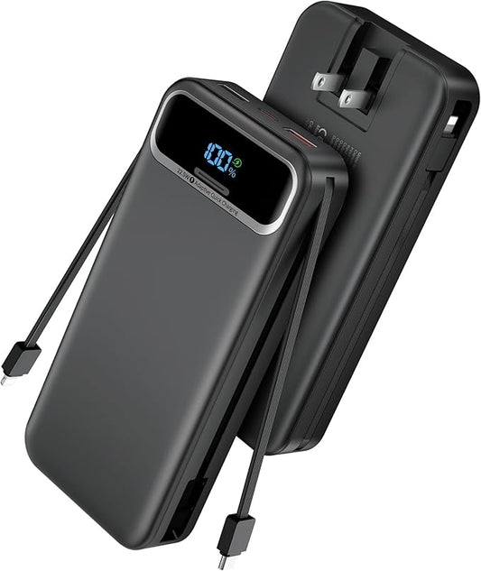 Portable Charger, 20000mAh 22.5W Fast Charging Power Bank with Built-in Cables & Wall Plug, Travel Essential External Battery Pack with LED Display, USB C Battery Phone Charger for iPhone iPad Black