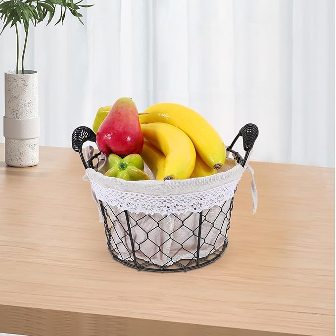 Wire Basket with Handle and Fabric Liner, Rustic Metal Storage Basket for Fruit, Bread, and Wedding Flower Girl, Multi-purpose Home and Kitchen Organizer