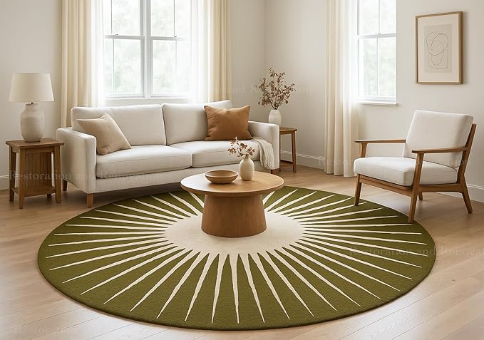 Modern Round Area Rug – Hand-Tufted with 100% NZ Wool, Thick & Soft Circular Carpet for Living Room, Bedroom & Dining Room Decor (Moss Green, 5' Round)