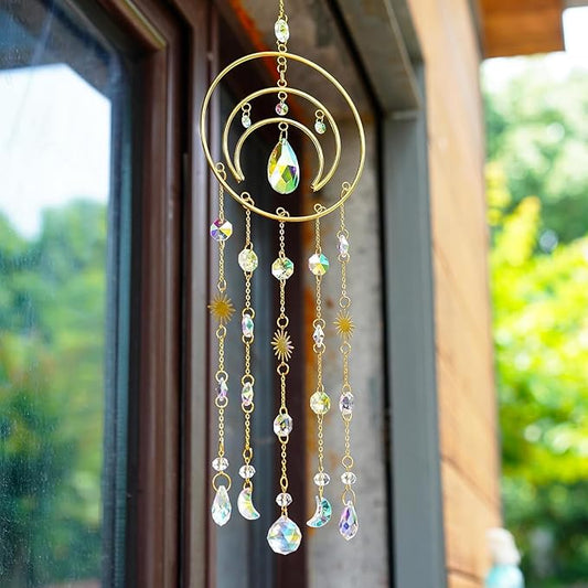H&D HYALINE & DORA Crystal Suncatcher Moon Sun Catcher Window Suncatchers Crystal Wind Chimes for Window Home Garden Backyard Decor Light Catchers Gift for Women