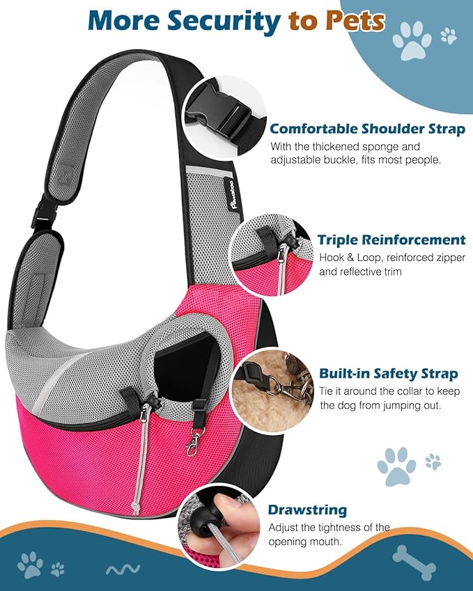 Pawaboo Pet Dog Sling Carrier, Hand Free Breathable Mesh Puppy Carrier, Dog Papoose with Zipper Touch Pocket and Adjustable Strap, Crossbody Satchel Dogs Purse for Outdoor, M, Pink
