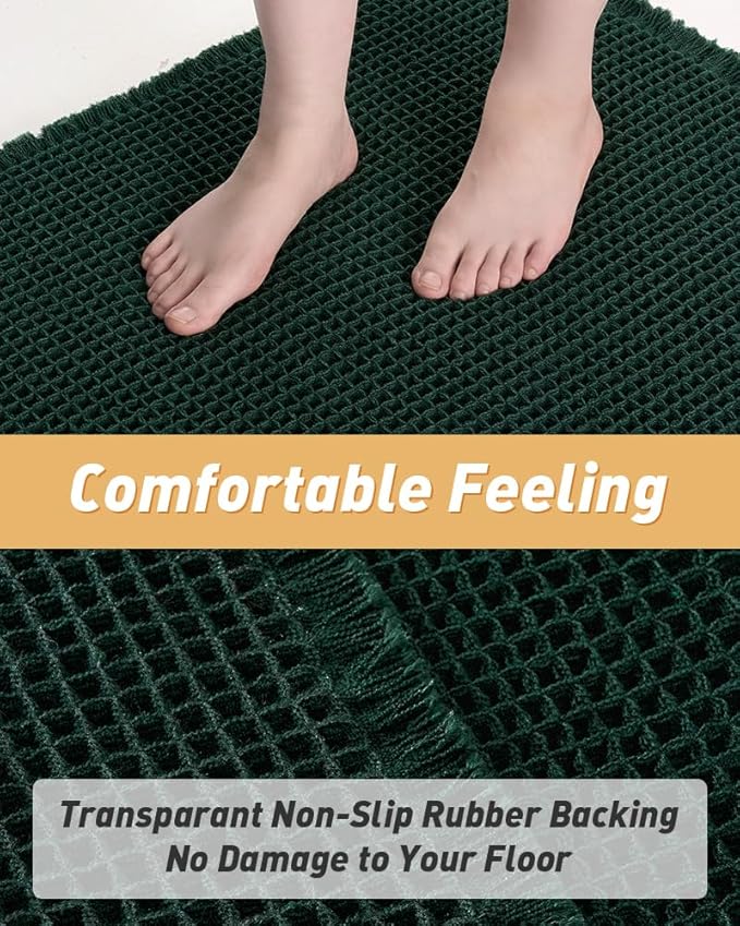 AMOAMI Upgraded Waffle Bath Mat, Super Absorbent Non Slip Bath Mats for Bathroom Floor, Machine Washable Bathroom Rugs with Tassels, Rubber Backed Bathroom Mats, Ultra Soft, 17" x 24", Dark Green