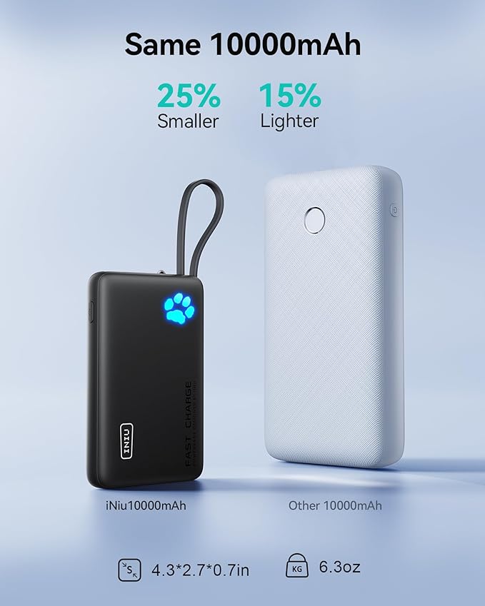 INIU Portable Charger, Slim 45W 10000mAh Power Bank with Build in USB-C Cable for Travel, Fast Charging USB C in&Out Battery Pack, External Phone Charger for iPhone 17 16 15 Samsung S25 S24 Google etc