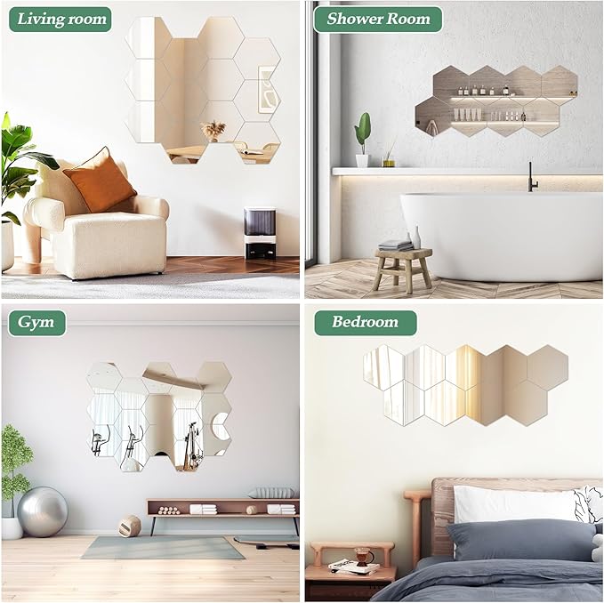 Abyssaly 10 Pack Acrylic Mirror Stickers 11.8" x 11.8", 3D Hexagon Flexible Plastic Mirror Tiles for Wall, Frameless Non-Glass Full Length Stick on Espejos Wall Tile Sheets for Bedroom Home Gym Door