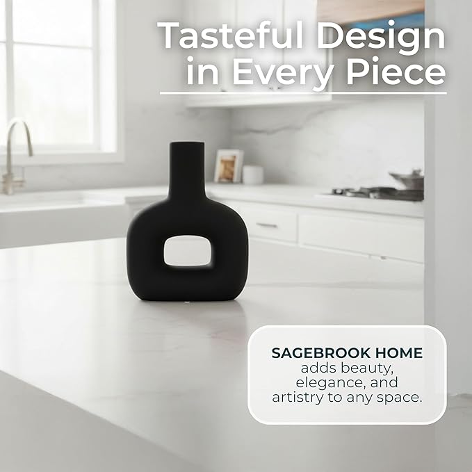 Sagebrook Home Modern Stoneware Vase - Matte Dolomite Decorative Accent for Home, Office & Living Room - Contemporary Minimalist Design - 8" Black