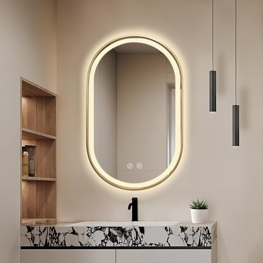 Niccy Oval LED Mirror for Bathroom, 32x20 Front Lit + Backlit Vanity Mirrors with Light Anti-Fog, Shatter-Proof, Makeup Mirror with Gold Frame (Horizontal/Vertical)
