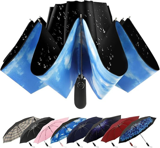Compact Inverted Travel Umbrella, Automatic Open Close, 9-Rib 46 Inch Windproof Umbrella, Waterproof UPF 50+, Portable Umbrellas for Men, Women, Travel, and Daily Use