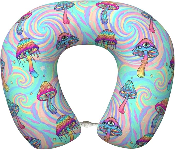 Support Neck Pillow for Youth Travel, Washable Airplane Chin Supporting and Relax U Shaped Pillows Colorful Trippy Mushroom Art