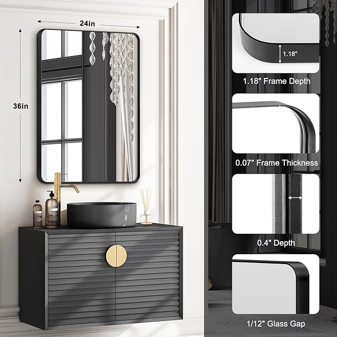 Bathroom Mirrors for Over Sink,1Pcs 24x36Inch Vanity Mirrors for Wall,Black Metal Frame Rectangle Mirrors for Bathroom Farmhouse Restroom,Hangs Horizontally or Vertically