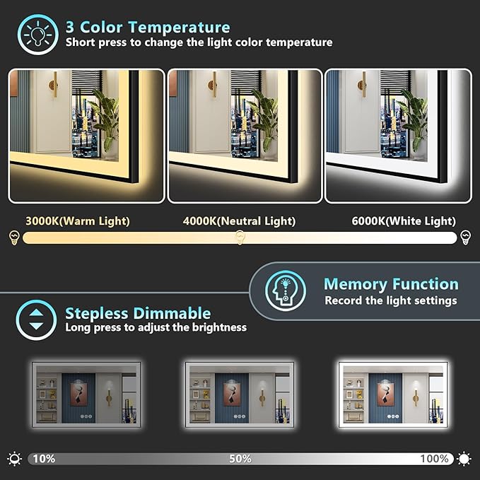 55x36 Black Framed LED Bathroom Mirror with Lights, Backlit & Front Lit, Anti-Fog Lighted Vanity Mirrors for Bathroom Wall, Dimmable, 3 Colors, Memory, Shatter-Proof, Tempered Glass, CRI＞90