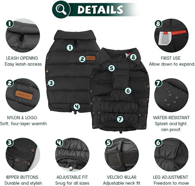 SPACE LION Dog Puffer Jacket, Down Winter Coat, Durable Outdoor Coat for Cold and Windy Conditions, Lightweight & Adjustable Fit Coats for Small & Medium Dogs, (Black, Size12/M)