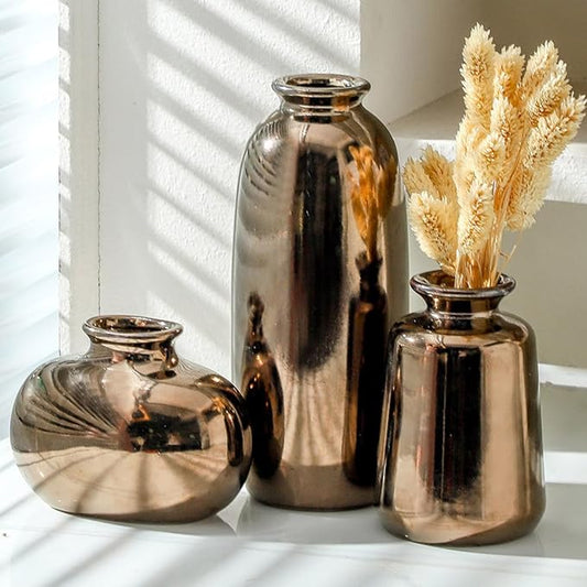 Ceramic Vase Set of 3,Small Modern Farmhouse Pottery Vases, Neutral Rustic Vases for Pampas Grass, Dried & Fresh Flowers - Ideal for Bedroom, Living Room, Bookshelf, Mantel, Centerpiece Table Decor