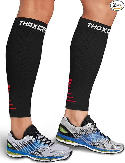Thoxcare Calf Compression Sleeve for Men Women (2 Pairs), Leg Support Footless Compression Socks for Running - Shin Splint Varicose Veins Swelling & Pain Relief, Black/Red, X-Large