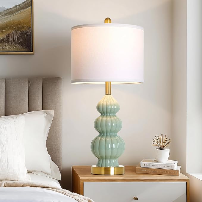 Green Ceramic Lamps Set of 2, 26.5" Modern Table Lamps for Living Room, Classic Bedside Lamp with Triple Gourd, Elegant Bedroom Lamp for Night Stand Desk Side End Table Home Decor