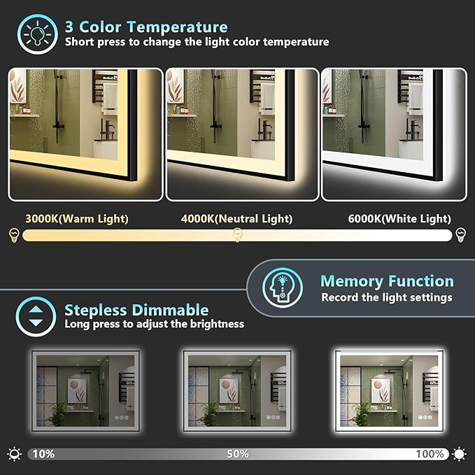 48x36 Inch Black Framed LED Bathroom Mirror with Lights, Backlit + Front Lit, Anti-Fog Lighted Vanity Mirrors for Bathroom Wall, Dimmable, 3-Color Light, Memory, Shatter-Proof, Tempered Glass