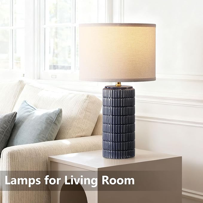 Modern Ceramic Table Lamp Set of 2, Bedside Lamp for Bedroom Decor, Nightstand Lamp with 3 Color Temperatures, Desk Light for Living Room Dorm Office, Blue