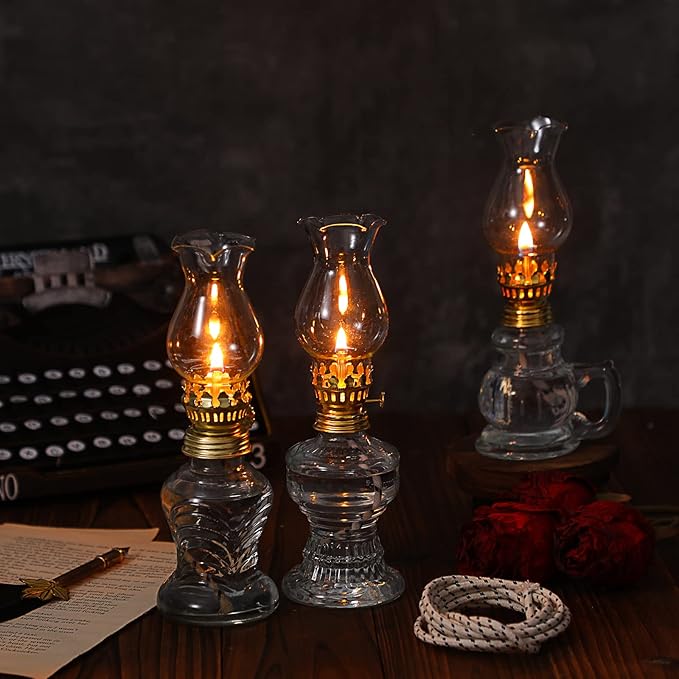 Yexiya 6 Pcs Chamber Oil Lamps Oil Lamp Vintage Glass Kerosene Lamp Bulk with Adjustable Fire Wick Rustic Clear Hurricane with 6.6 ft Extra Wick for Indoor Use Home Decor 8 Inch (Classic Style)