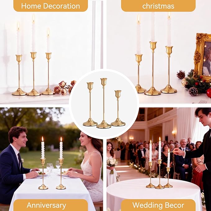Taper Candle Holders, Tall Vintage Metal Candlestick Holders, 12 PCS Brass Gold Candle Sticks Holders for Home Decor Table Centerpiece Wedding Housewarming Festival, Rose Gold, 4 Sets (12 pcs)