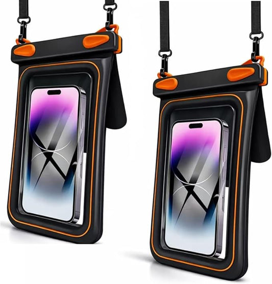 2 Pack Floating Phone Pouch with Dual Compartments, IPX8 Rated Waterproof Case for Rain, Beach, Boating & Kayaking, Clear Touch Screen, Fits Phones Up to 8.5”(Black-Black)
