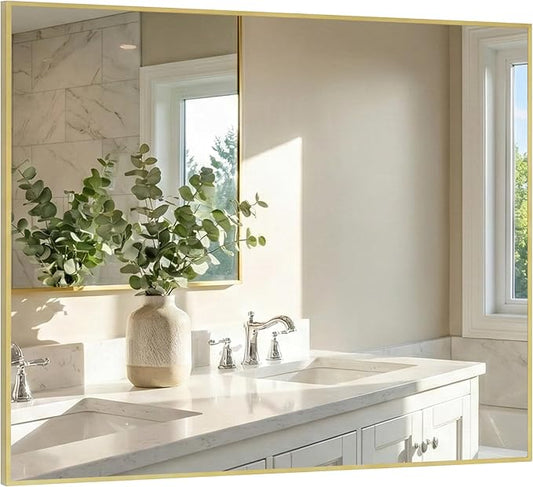 36"x48" Large Gold Bathroom Mirror, Metal Framed Vanity Mirror for Wall, Wide 48"x36" Rectangular Mirror Over Sink, Luxury Living Room Decor, Flush Mount