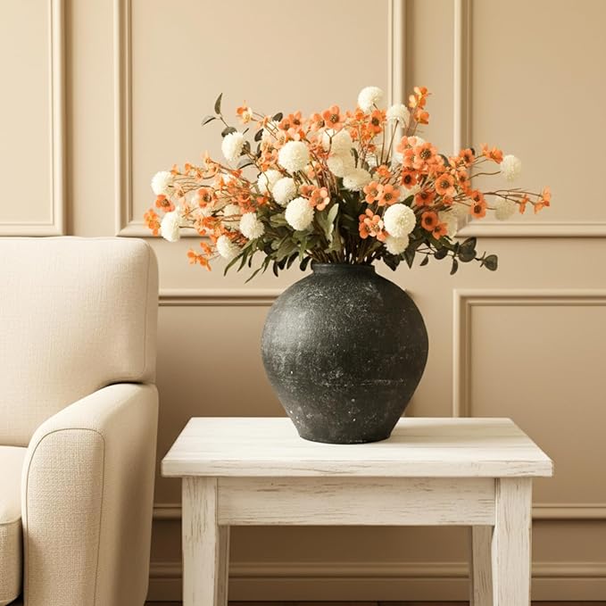 Handmade Large Rustic Ceramic Vase 10.6 inches Tall, Farmhouse Stone Decor, Big Black Round Vase Living Room Home Decor, Earthy Textured Large Vases for Centerpieces Console Table