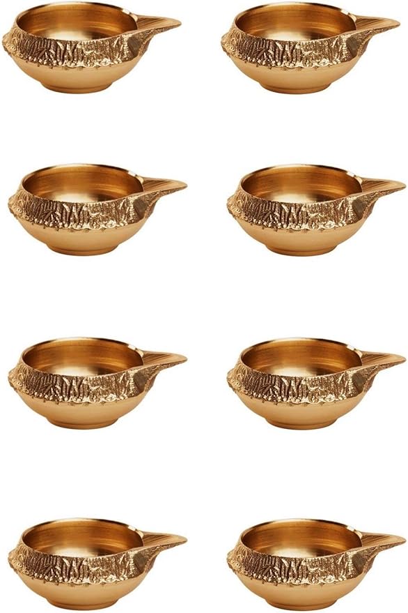 AVADOR Handmade Brass Indian Puja Oil Lamp, Golden Diya Lamp Engraved Design Diya for Diwali Pooja 2.5 Inch (8)