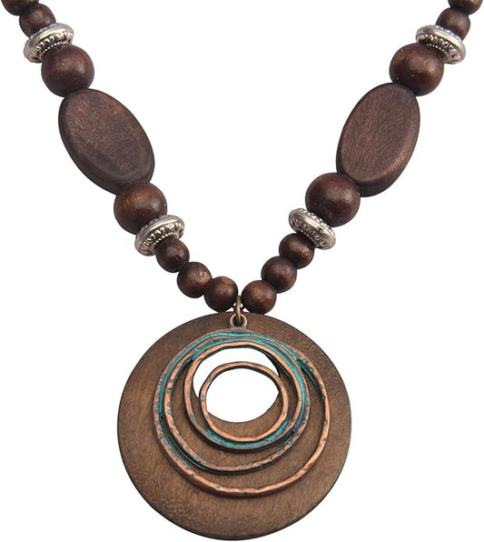 Leather Necklace for Women Boho Choker Necklace Long Cord Leather Pendant Bohemian Neckalce Vintage Alloy Pendant Leather Rope Necklace Wooden Necklaces for Women