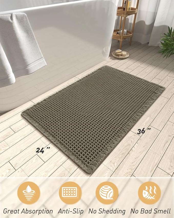 AMOAMI Upgraded Waffle Bath Mat, Super Absorbent Non Slip Bath Mats for Bathroom Floor, Machine Washable Bathroom Rugs with Tassels, Rubber Backed Bathroom Mats, Ultra Soft, 24" x 36", Green