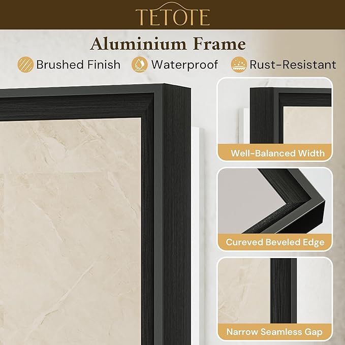 TETOTE 40 x 24 Backlit Mirror Brushed Black Metal Frame LED Light Vanity 3-Color White/Warm/Natural Stepless Dimmable Anti-Fog Backlight Mirror Wall-Mounted