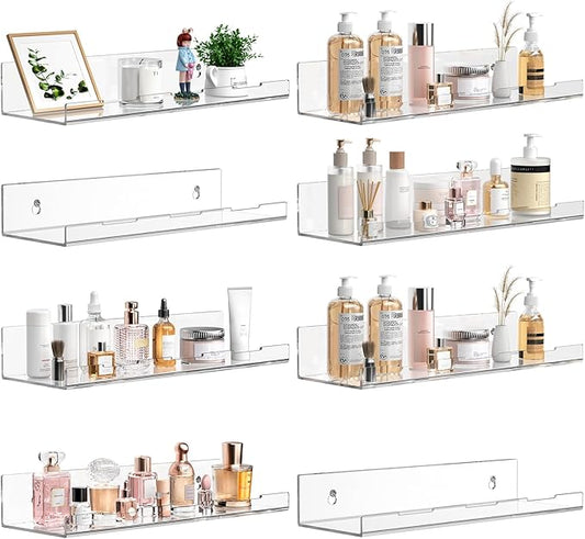 Optish 8 Pack Acrylic Shelves, 12" x 3.7" Clear Shelves for Wall, Nail Polish Rack, Floating Shelves Bathroom, Perfume Hanging Shelf for Figures, Bedroom Decor
