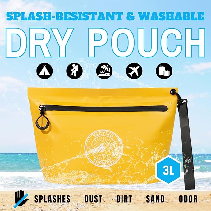 Tactiko 3L Water Resistant Pouch - Waterproof Material w/Splashproof Zipper - Hold All Zipper Bag for Storage, Toiletries, Travel, Beach, Cruise, Home (3, Blue/Yellow/Black) | Collapsible, Easy to Clean, Pack All