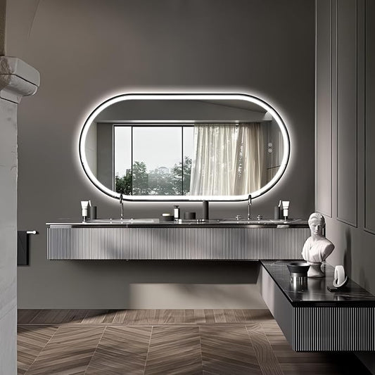 Niccy Oval LED Mirror for Bathroom, 55x28 Front Lit + Backlit Vanity Mirrors with Light Anti-Fog, Shatter-Proof, 3 Colors, Makeup Mirror with Old Black Frame (Horizontal/Vertical)