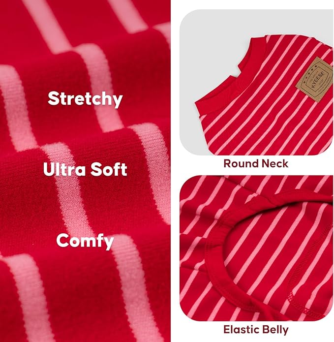 KYEESE Dog Pajamas, Soft Striped Pet Jumpsuit, Velvet Fleece Doggie Jammies, 4 Legs Dog Clothes, Stretchable Pajamas Cozy Outfit, Comfortable Onesie Sleepwear for Small Dogs,Red Striped, Large